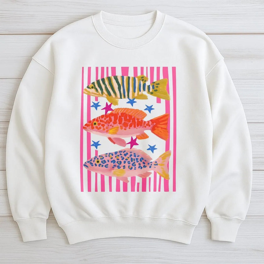 Preppy Fish Sweatshirt | Colorful Maximalist Coastal Graphic Print | Soft Cotton-Blend Pullover | Fishing Trip Gift for Her