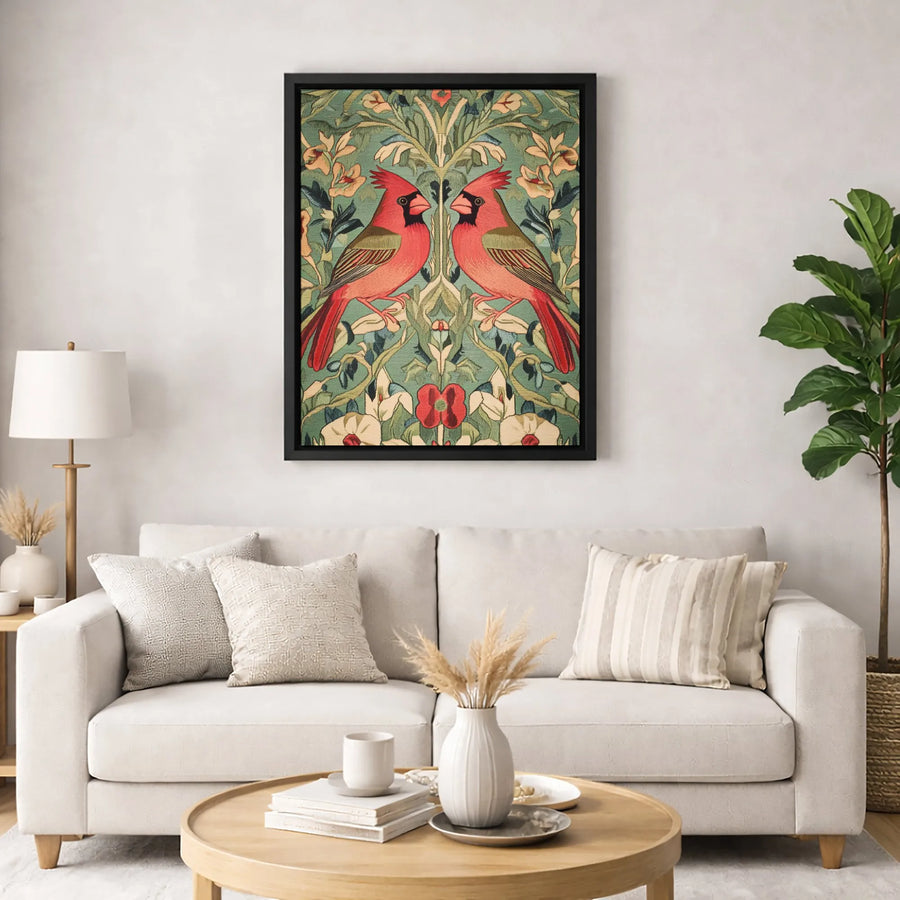 Red Cardinal Wall Art | Symmetrical Botanical Bird Tapestry Print | Premium Gallery Canvas | Nature Home Decor Gift for Bird Lovers