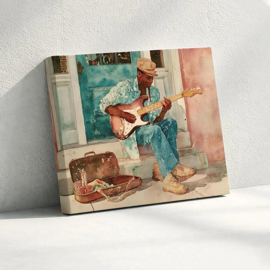 Blues Guitarist Canvas Wall Art | Watercolor Street Performer Painting | Premium Fade-Resistant Print | Collector's Gift for Jazz & Blues Music Lover