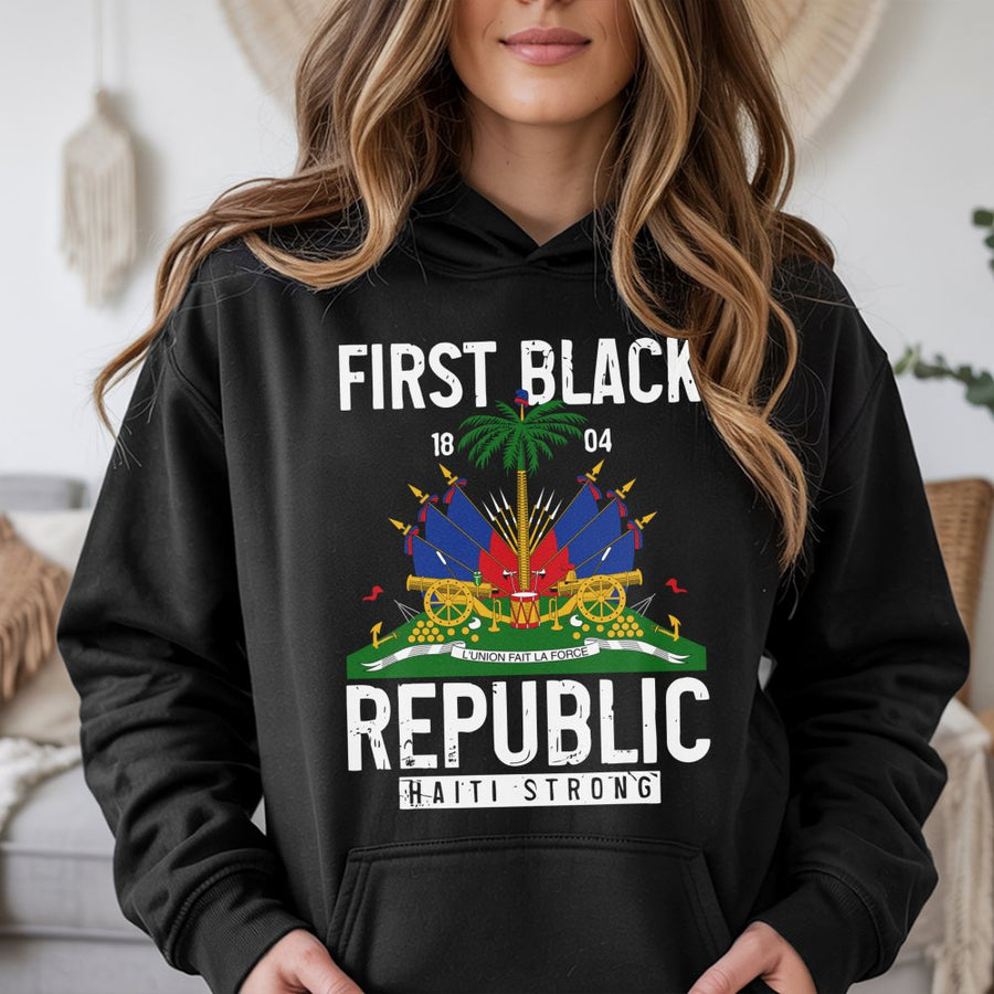 First Black Republic Haiti Hoodie | Haitian Flag Coat of Arms Design | Premium Cotton-Blend Pullover | Haitian Pride Heritage Gift for Men and Women