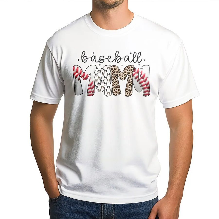 Baseball Mama T-Shirt | Leopard Print and Stitched Ball Graphic | Premium Soft Cotton Blend | Game Day Gift for Sports Moms