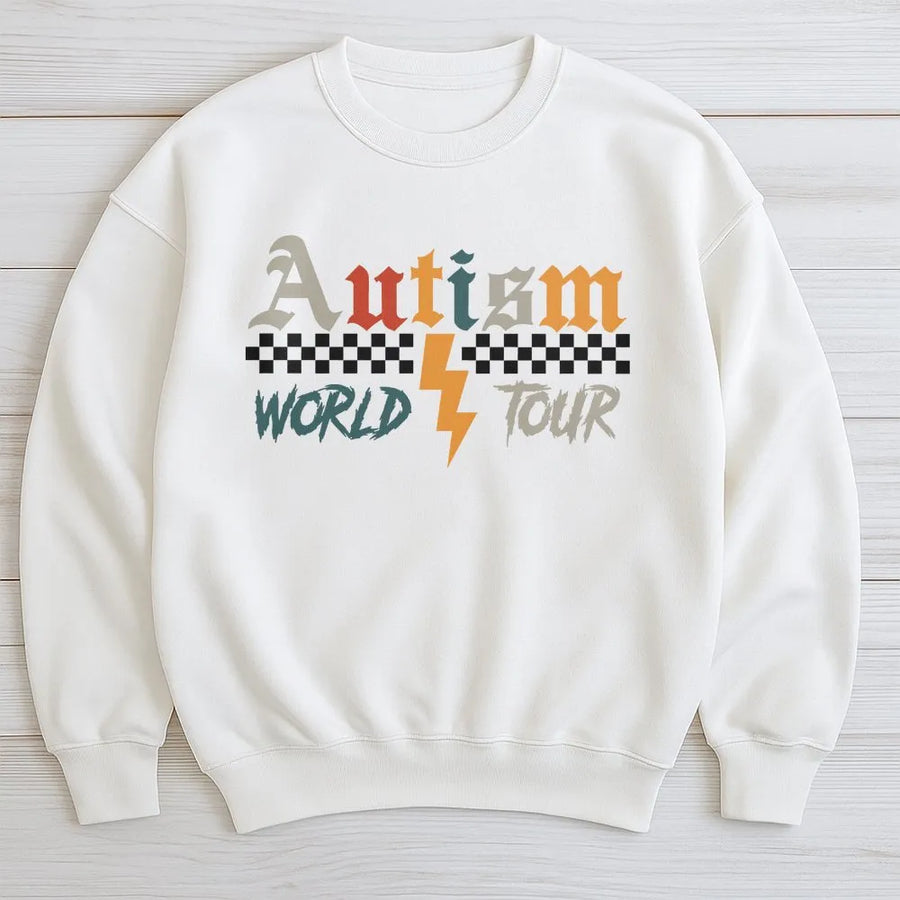 Autism World Tour Sweatshirt | Retro Rock Tour Style Graphic | Premium Cotton Blend | Neurodiversity Awareness Gift