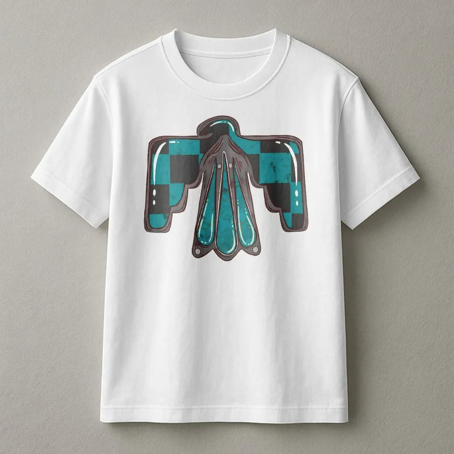 Checkered Thunderbird Graphic T-Shirt | Boho Western Turquoise Print | Premium Soft Cotton Tee | Unique Cowgirl Gift for Women