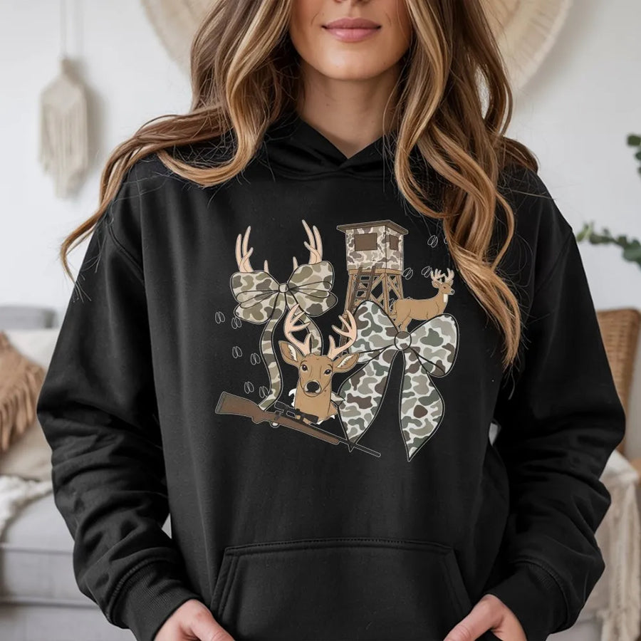 Hunting Season Hoodie | Camo Bow and Deer Stand Graphic | Cotton-Blend Premium Quality | Gift for Hunter and Outdoorsman