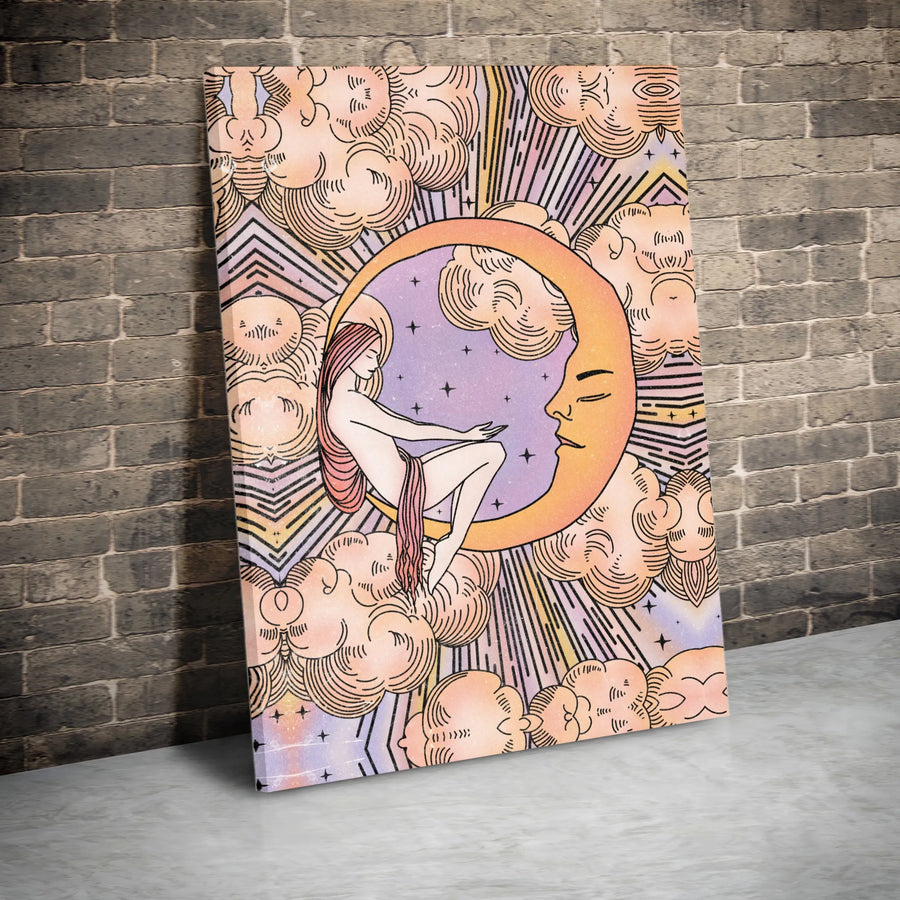 Celestial Moon Canvas Print | Boho Crescent Moon Goddess Illustration | Premium Gallery Wrapped Canvas | Spiritual Home Decor Gift
