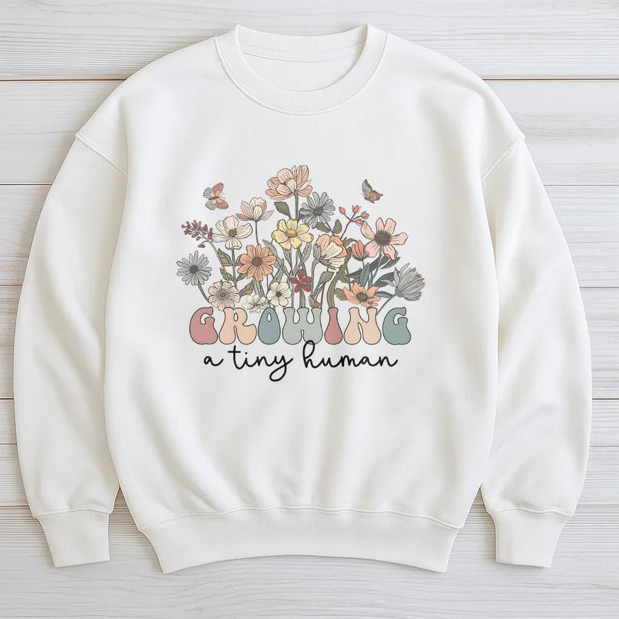 Growing A Tiny Human Sweatshirt | Retro Wildflower Pregnancy Announcement | Cozy Cotton Blend | Premium Mom To Be Gift