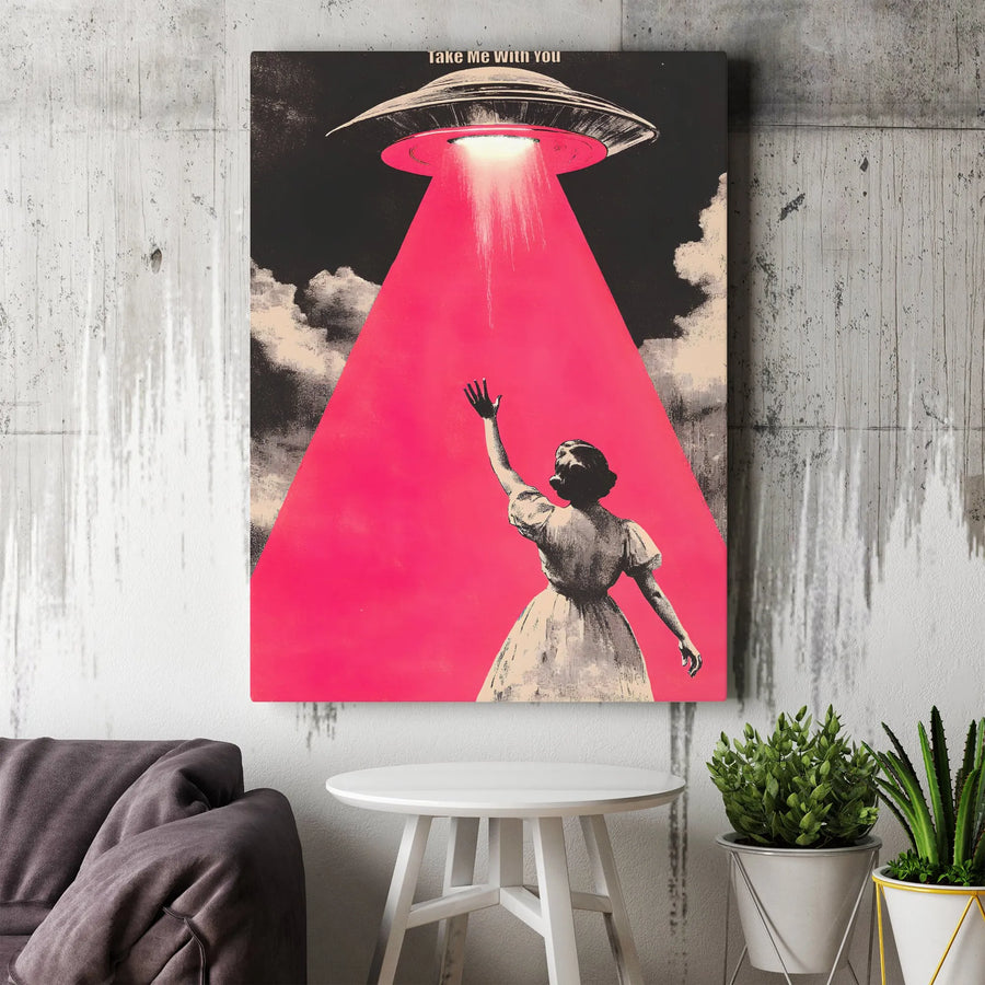 UFO Abduction Canvas Print | Retro Sci-Fi 'Take Me With You' Wall Art | Premium Gallery Wrapped Canvas | Gift for Alien Believer, Dorm Room Decor
