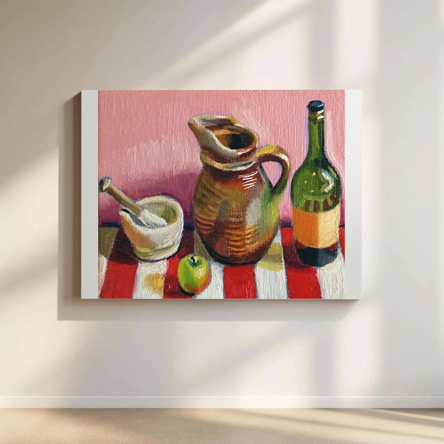 Still Life Painting Canvas Wall Art | Rustic Kitchen Scene with Wine & Apple | Premium Gallery Wrapped Canvas | Dining Room Decor Gift