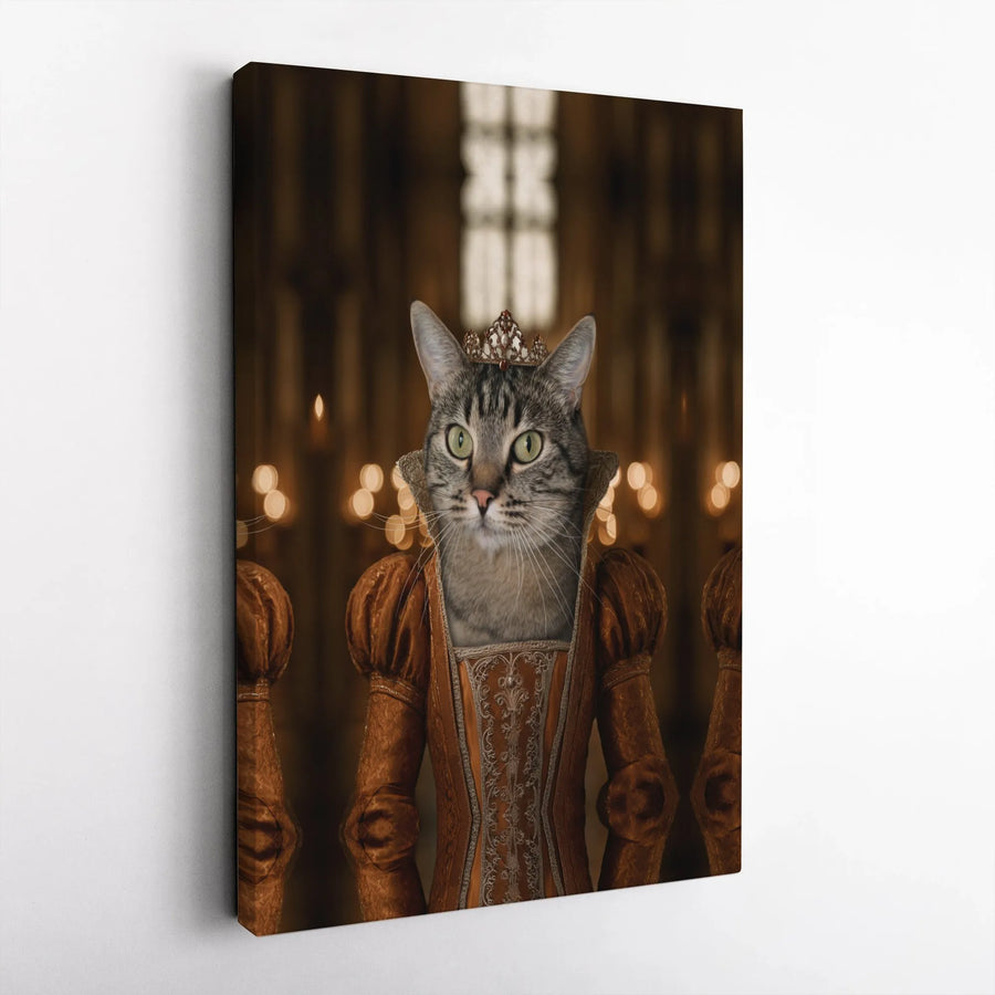 Royal Cat Portrait Canvas Wall Art | Renaissance Tabby Cat Queen with Crown | Premium Gallery Wrapped Canvas | Funny Home Decor Gift for Cat Lovers