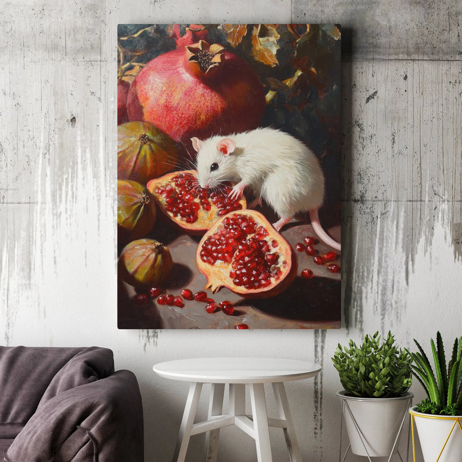 Mouse and Pomegranate Vertical Canvas | Dark Academia Still Life Art | Premium High-Resolution Print | Collector's Gift for Kitchen Wall Decor