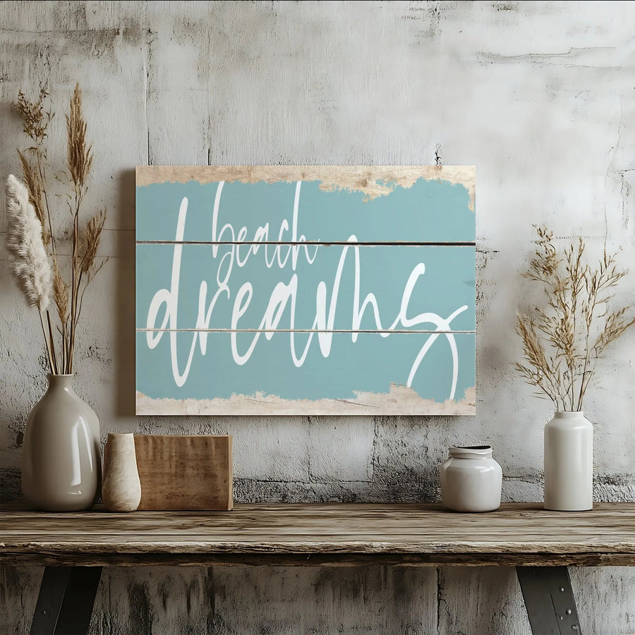 Beach Dreams Canvas Wall Art | Rustic Coastal Wood Plank Sign | Premium Gallery Wrapped Canvas | Beach House Decor Gift for Her