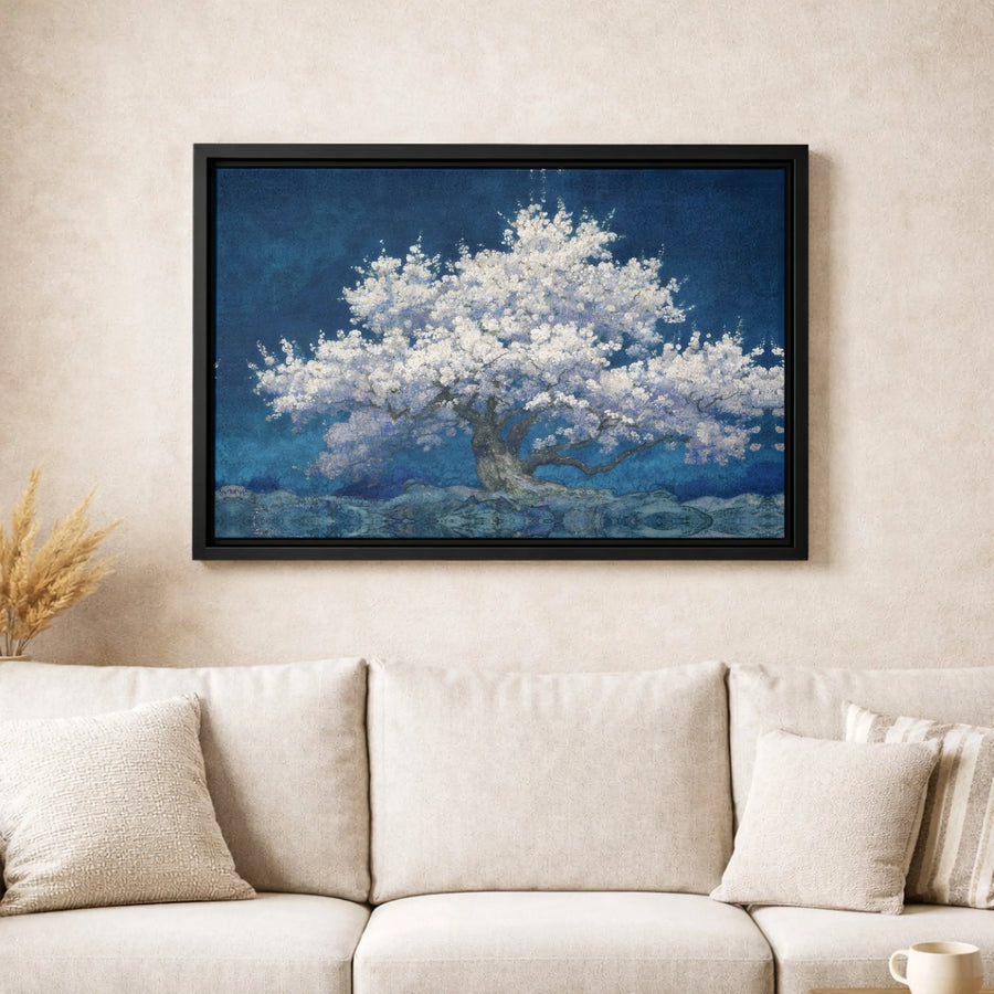 White Blossom Tree Canvas Art | Abstract Floral Night Landscape | Gallery-Wrapped Premium Print | Calming Wall Decor for Bedroom Living Room