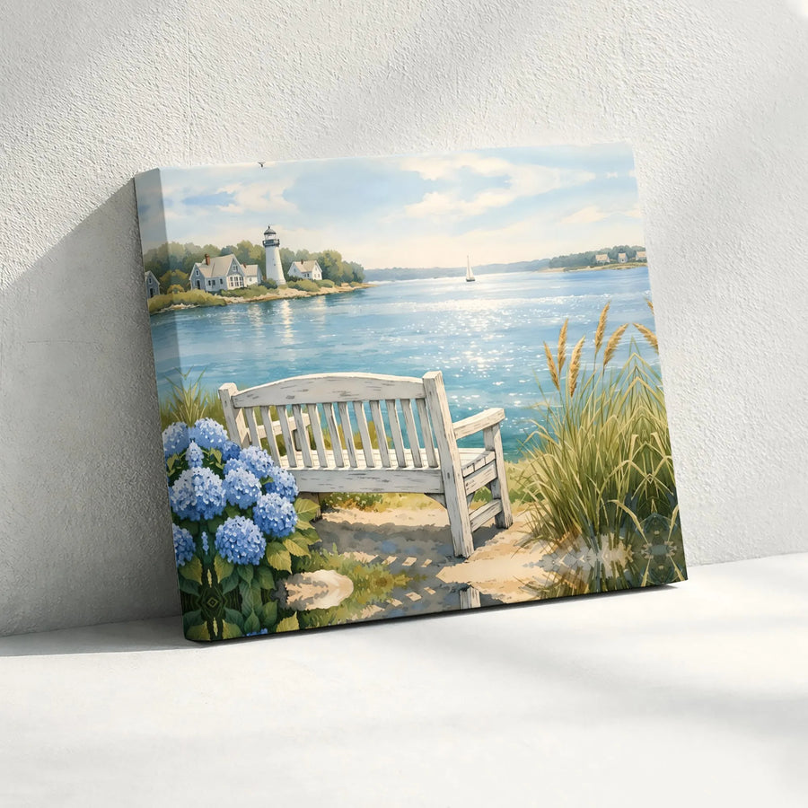 Coastal Lighthouse Canvas Art | Serene Seaside Bench & Hydrangeas Print | Premium Gallery Wrap | Nautical Living Room Decor Gift