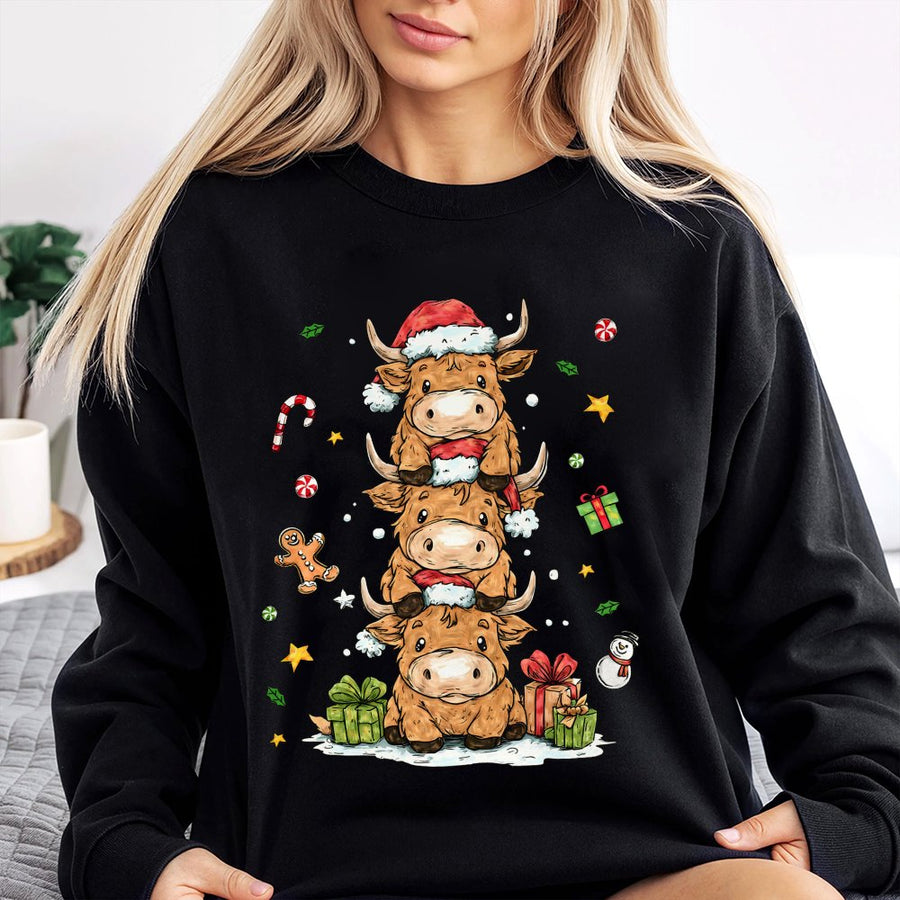 Highland Cow Christmas Sweatshirt | Cute Stacked Cow Festive Graphic | Soft Cotton-Poly Blend | Cozy Holiday Gift for Women and Animal Lovers