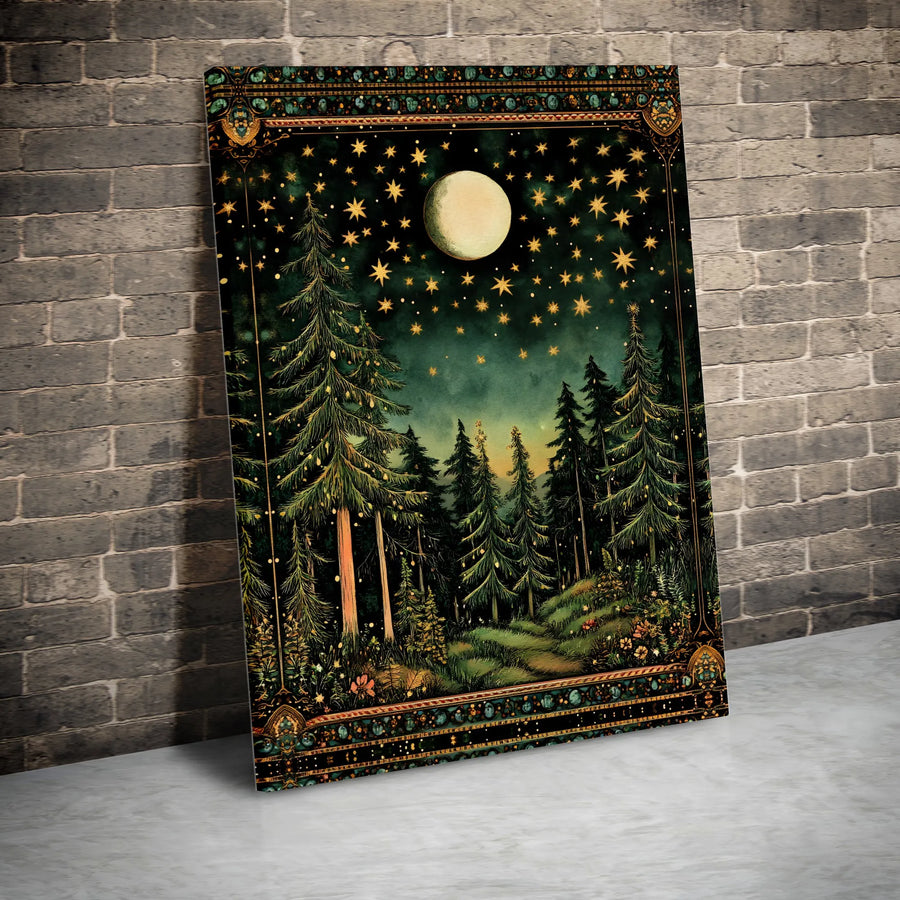 Celestial Night Forest Canvas Art | Enchanting Moon and Starry Landscape | Premium 1.25" Gallery Wrap | Mystical Home Decor Wall Print