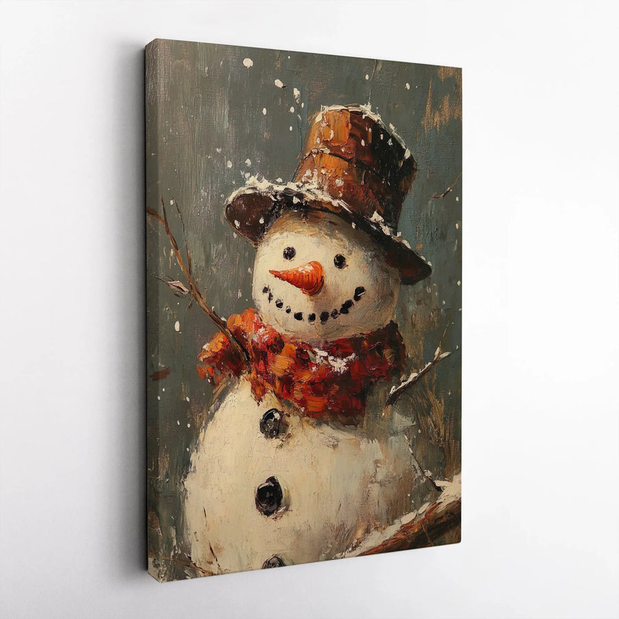 Snowman Oil Painting Canvas Wall Art | Rustic Winter Top Hat & Scarf Design | Premium Gallery Wrapped | Festive Holiday Home Decor Gift