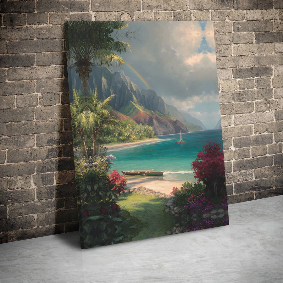 Hawaii Na Pali Coast Canvas Wall Art | Tropical Island Landscape with Rainbow | Premium Gallery Wrapped Print | Coastal Home Decor Gift