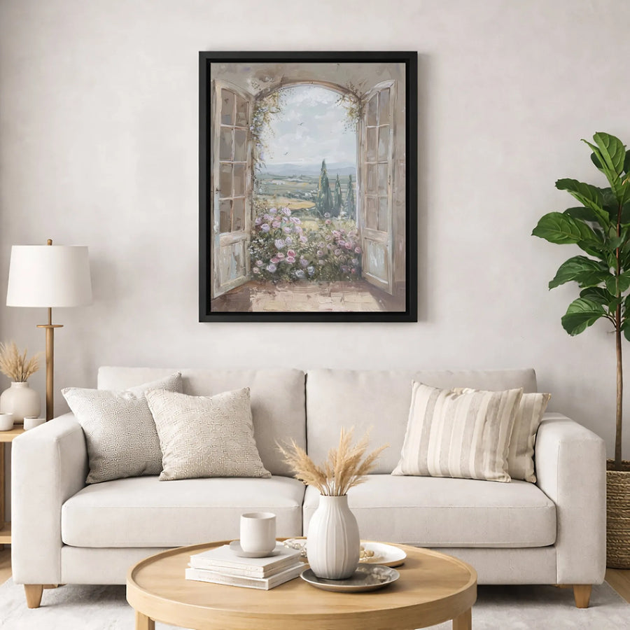 Tuscan Window View Canvas Art | Impressionist Rose Garden Landscape | Premium Gallery-Wrapped Print | Italian Countryside Home Decor Gift