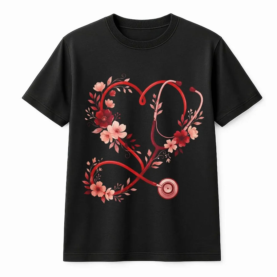 Nurse Stethoscope T-Shirt | Floral Heart Graphic Design | Premium Cotton Tee | Valentine's Day Gift For Nurses & Nursing Students
