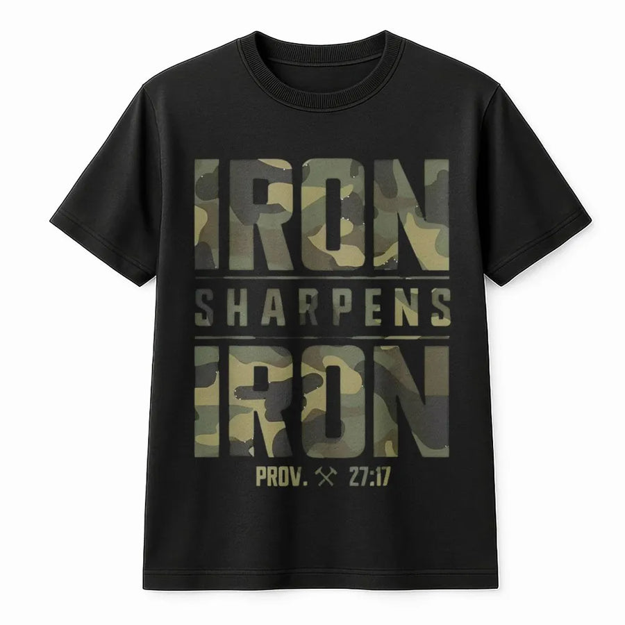 Iron Sharpens Iron T-Shirt | Proverbs 27:17 Bible Verse Graphic | Premium Cotton Christian Apparel | Motivational Gift for Men