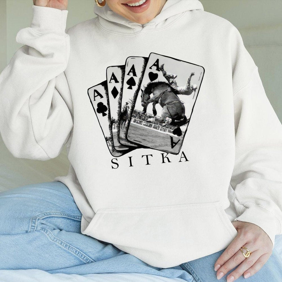 Rodeo Cowboy Hoodie | Playing Card Aces Western Graphic | Premium Cotton Blend Sweatshirt | Gift for Western Riders & Country Life Fans