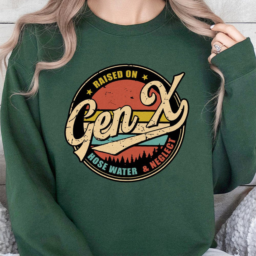 Gen X Sweatshirt | Raised On Hose Water And Neglect Retro Design | Premium Cotton Blend Crewneck | Funny Nostalgic Gift For Gen X Men And Women