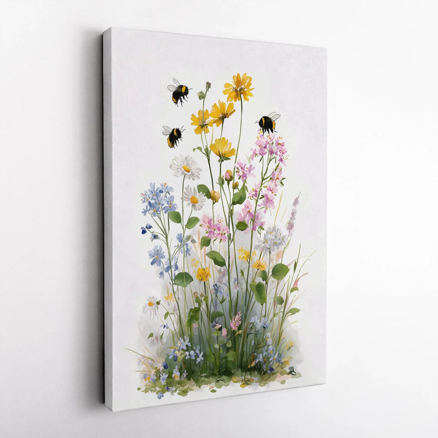 Wildflower and Bee Vertical Canvas | Watercolor Botanical Meadow Print | Premium Gallery Wrap Wall Art | Nature Lover Gift for Home Decor