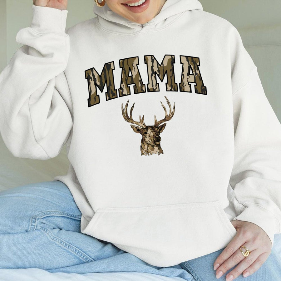 Mama Hunting Hoodie | Camo Deer Antler Graphic Design | Premium Cotton-Poly Blend | Outdoorsy Mom Mother's Day 2026 Gift