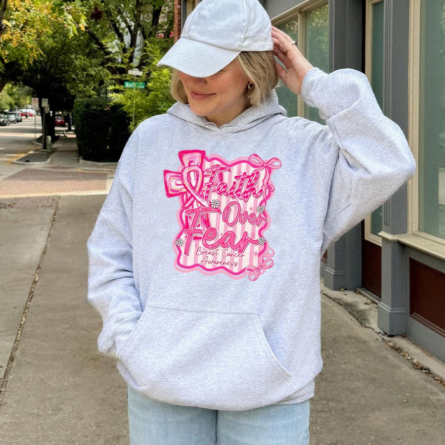 Breast Cancer Awareness Hoodie | Faith Over Fear Coquette Cross Design | Premium Cotton Blend | Gift for Cancer Survivor or Fighter