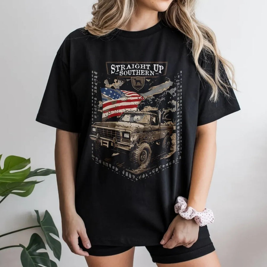 Off-Road Truck T-Shirt | American Flag Mudding Graphic | Premium Cotton Country Apparel | Gift for Truck Lovers and Outdoor Enthusiasts