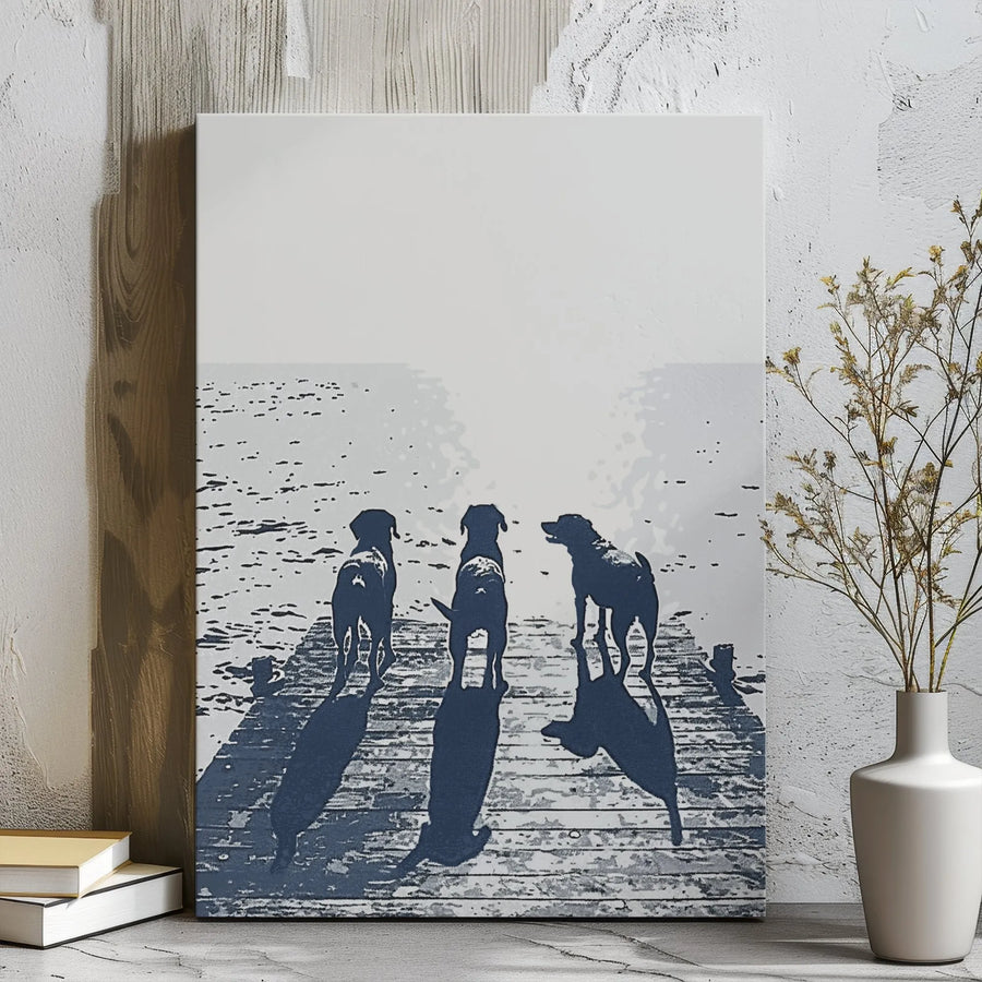 Three Dogs On A Dock Canvas Wall Art | Minimalist Lake Side Landscape | Gallery-Wrapped Premium Print | Dog Lover Gift & Coastal Home Decor