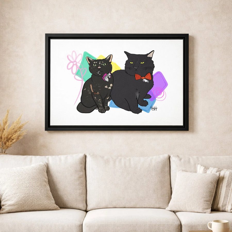 Two Cats Canvas Wall Art | Dapper Tortie and Black Cat Bow Tie Portrait | Premium Gallery Wrapped Decor | Gift for Cat Lovers