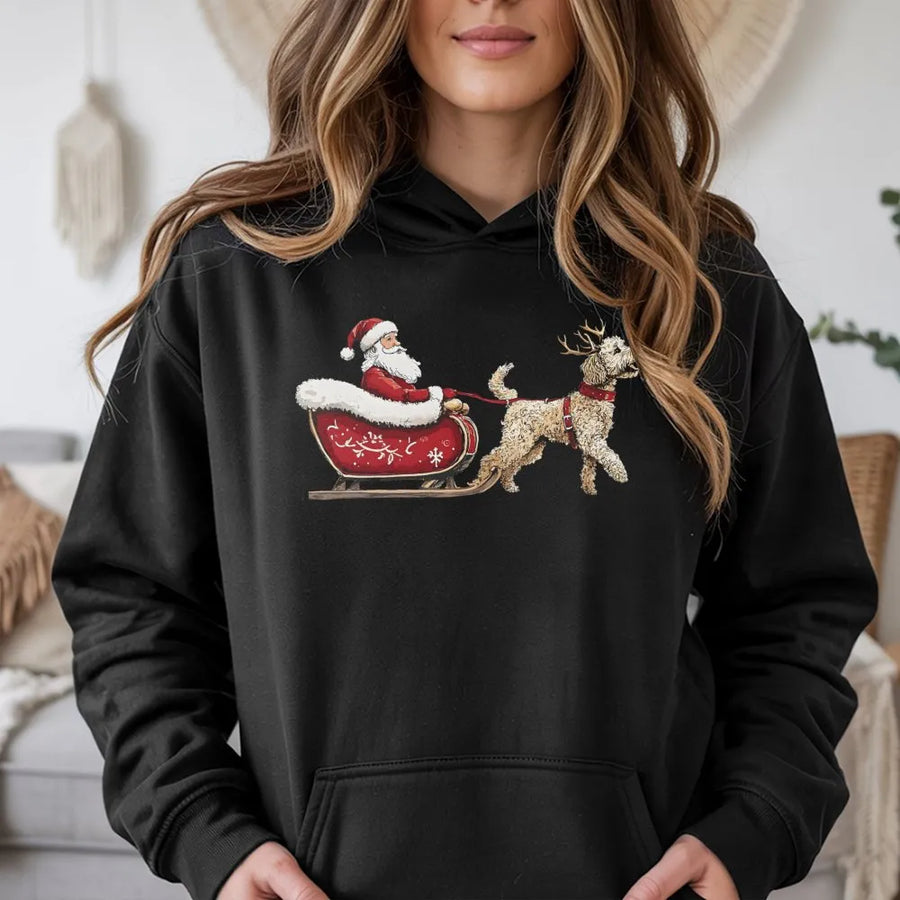 Goldendoodle Christmas Hoodie | Santa Sleigh Graphic Pullover | Premium Cotton Blend Sweatshirt | Gift for Dog Mom & Doodle Lovers