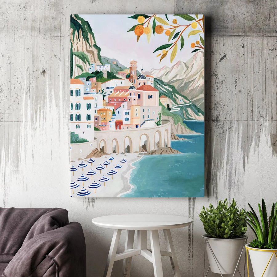 Amalfi Coast Wall Art | Italian Riviera Coastal Landscape Painting | Premium Gallery Wrapped Canvas | Mediterranean Home Decor Gift