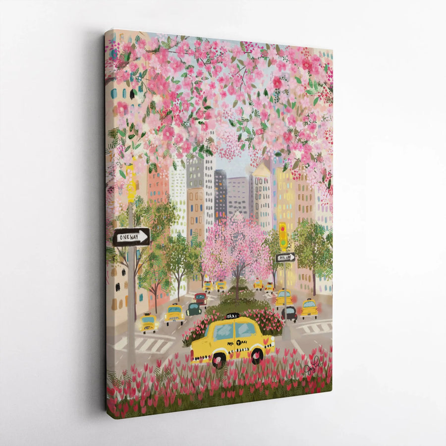NYC Park Avenue Canvas Wall Art | Whimsical Spring Painting with Cherry Blossoms | Premium Gallery Wrapped Print | Collector's Gift for New York Lover