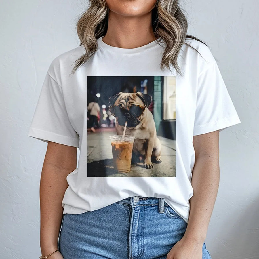Pug Drinking Coffee T-Shirt | Funny Dog with Sunglasses Graphic | Premium Soft Blend Sweatshirt | Gift for Pug Lover