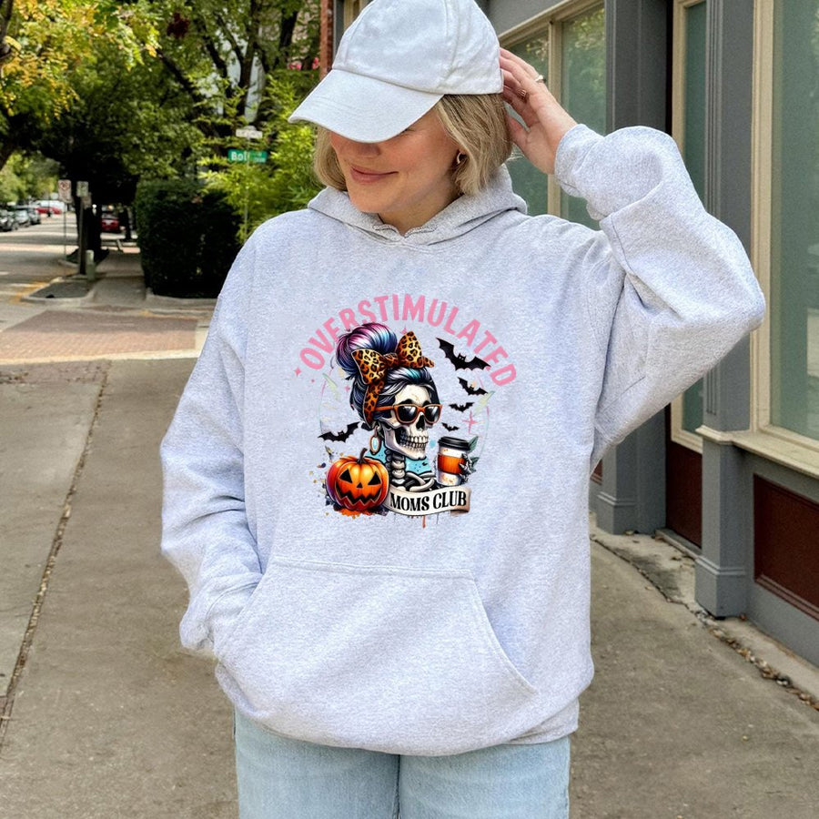 Overstimulated Moms Club Hoodie | Spooky Skeleton Coffee Halloween Graphic | Premium Cotton Blend | Gift For Tired Mom