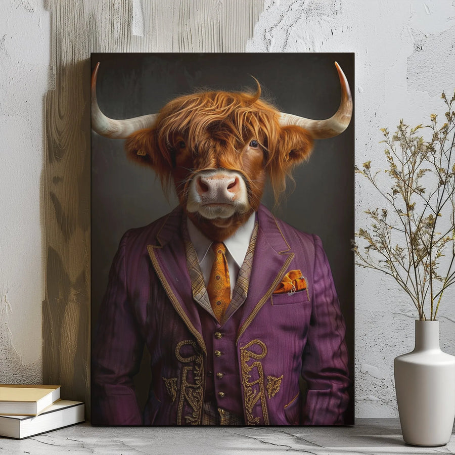 Highland Cow Wall Art | Gentleman Cattle In Purple Suit | Gallery Wrapped Canvas | Whimsical Animal Portrait Home Decor Gift
