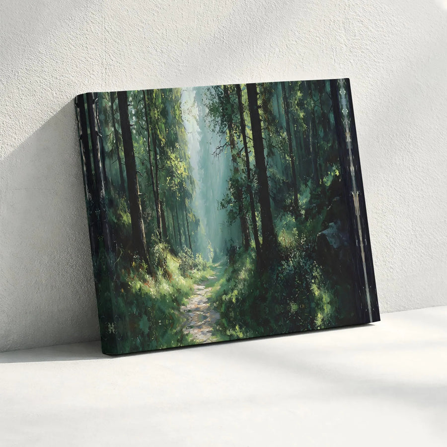 Forest Path Canvas Wall Art | Sunlight Through Trees Landscape Painting | Premium Gallery Wrapped Canvas | Nature Lover Gift for Living Room Decor