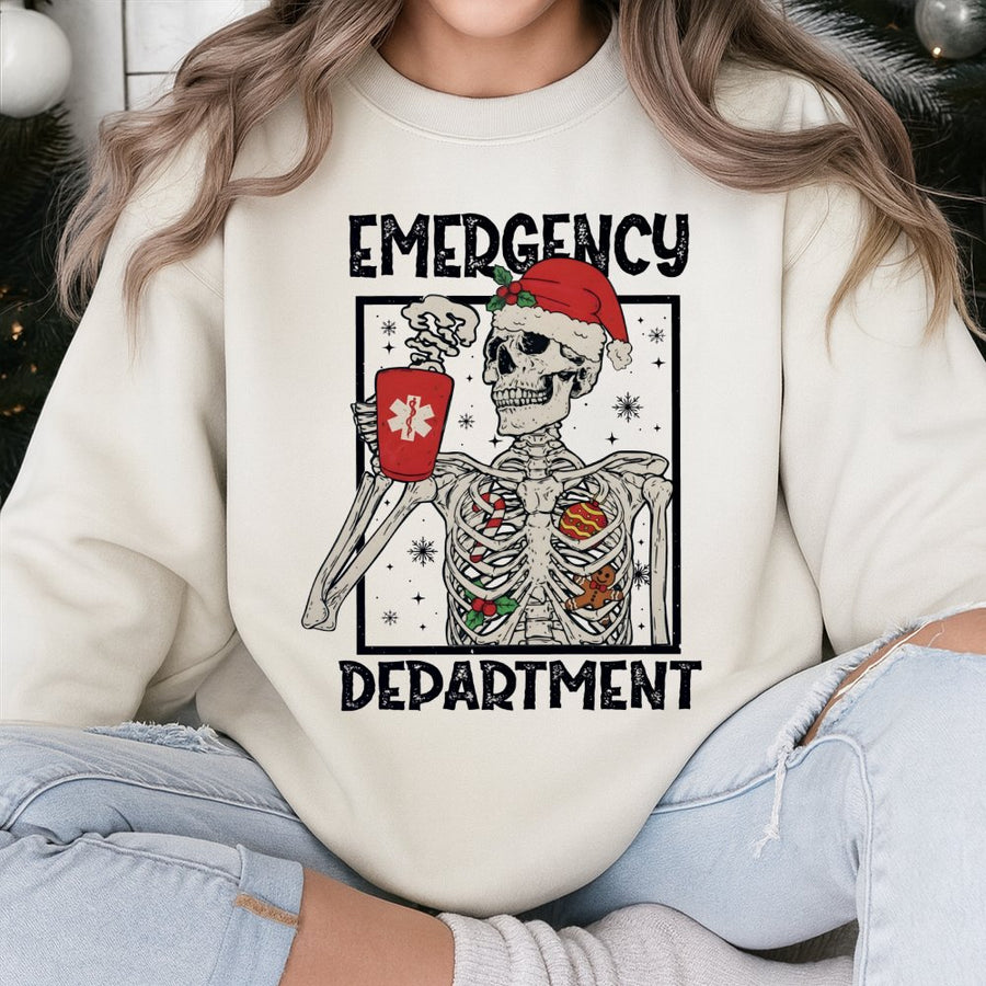 Emergency Department Christmas Sweatshirt | Skeleton Nurse Festive Graphic | Soft Cotton Blend | ER Nurse Gift for Holiday Shift