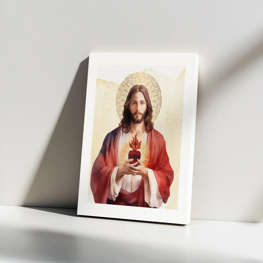 Sacred Heart of Jesus Canvas Wall Art | Watercolor Religious Portrait | 1.25-Inch Premium Gallery Wrap | Christian Home Decor Gift