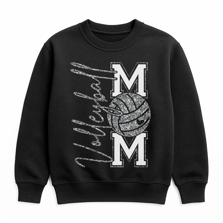 Volleyball Mom Sweatshirt | Glitter Silver Faux Sequins Design | Premium Soft Cotton Blend | Athletic Team Spirit Gift for Volleyball Players