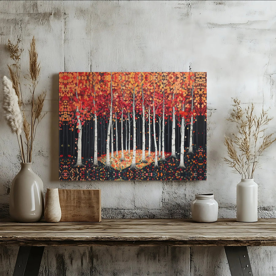 Autumn Birch Tree Forest Canvas | Vibrant Red and Orange Fall Landscape | Premium Gallery-Wrapped Wall Art | Modern Home and Office Decor