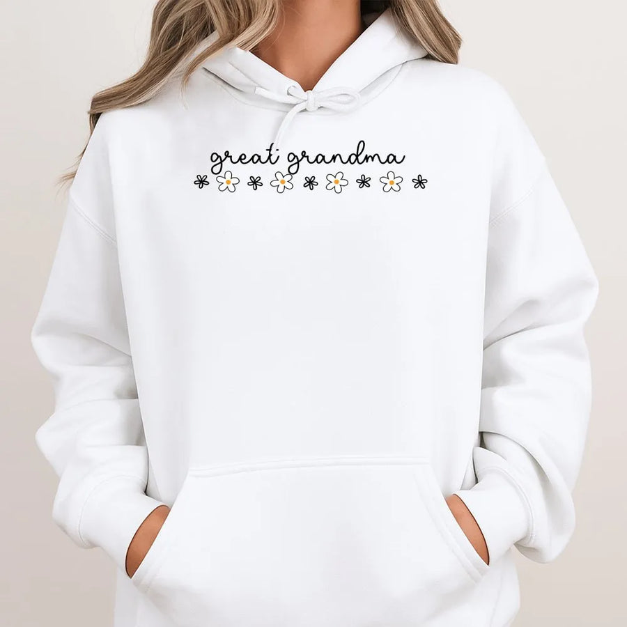 Great Grandma Hoodie | Minimalist Floral Daisy Design | Soft Cotton Blend | Pregnancy Reveal Gift for New Great Grandmother