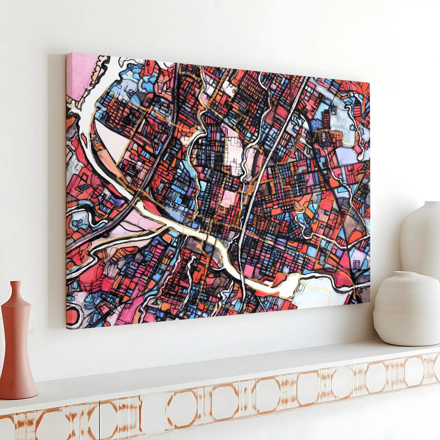 Austin Texas City Map Horizontal Canvas Art | Abstract Colorful Street Grid Poster | Premium 1.25 Inch Gallery Wrap | Modern Housewarming Gift for Texans