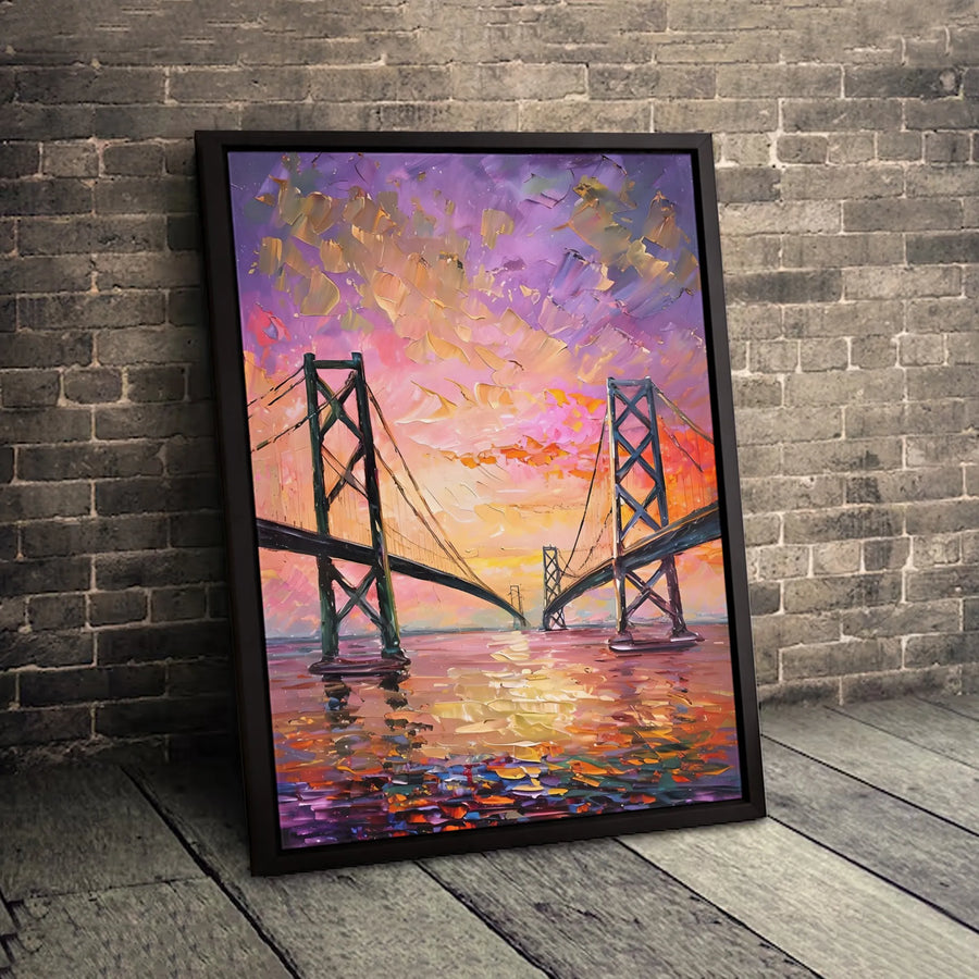 Suspension Bridge Canvas Art | Impasto Sunset Oil Painting Style | 1.25-Inch Premium Gallery Wrap | Modern Home Decor Wall Print
