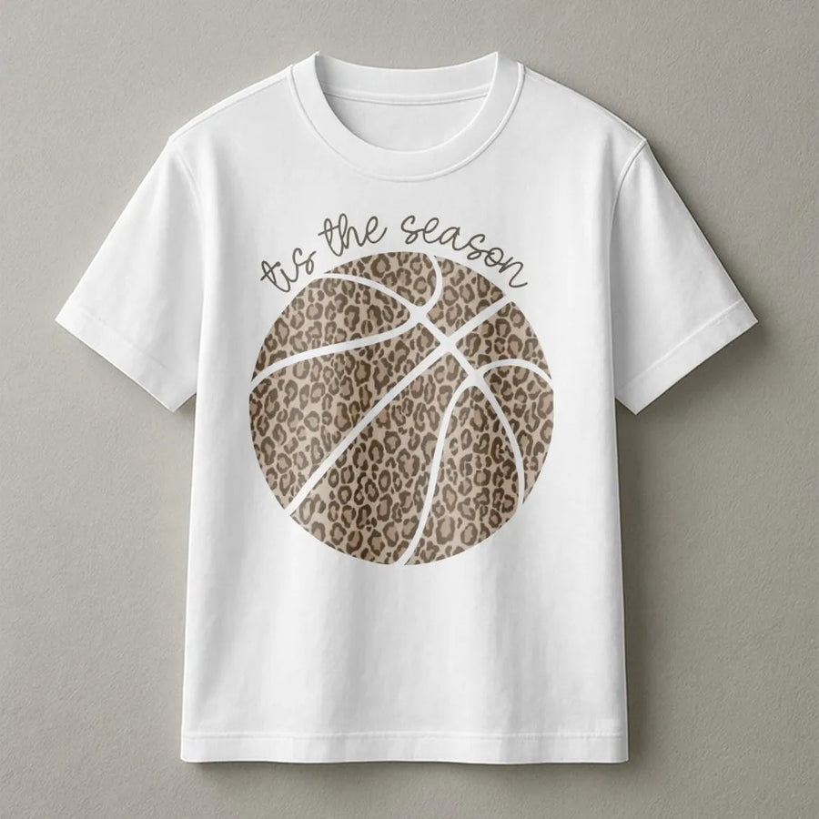 Leopard Basketball T-Shirt | Tis The Season Graphic Print | Premium Soft Cotton Tee | Basketball Mom Gift and Game Day Apparel