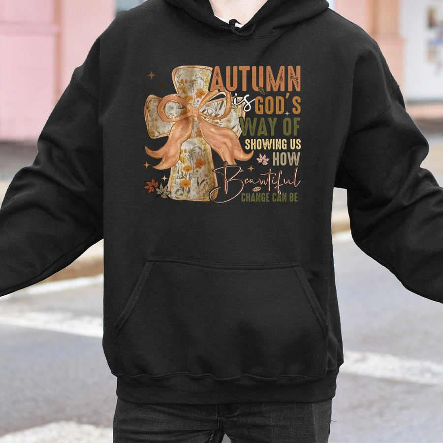Autumn Is God's Way Fall Hoodie | Floral Cross Bow Graphic Print | Premium Cotton-Poly Blend | Christian Thanksgiving Gift For Her