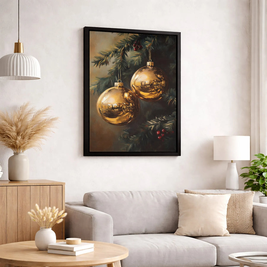 Golden Christmas Ornaments Canvas Wall Art | Vintage Pine Branch Oil Painting Style | Premium 1.25" Gallery Wrap | Festive Holiday Home Decor