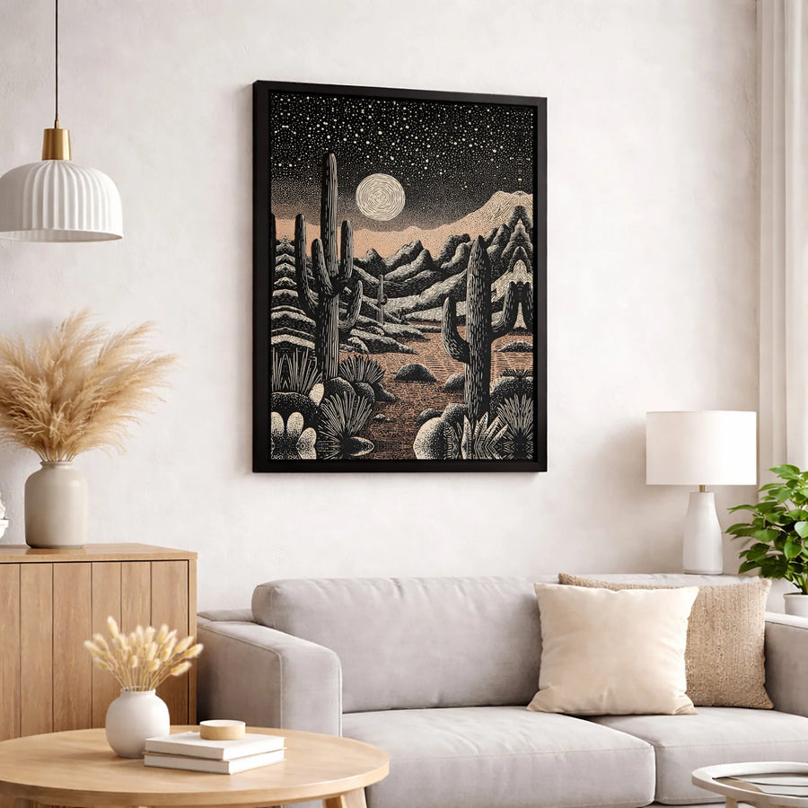 Desert Cactus Wall Art | Night Landscape Woodcut Style Print | Premium Gallery Wrapped Canvas | Southwest Home Decor Gift